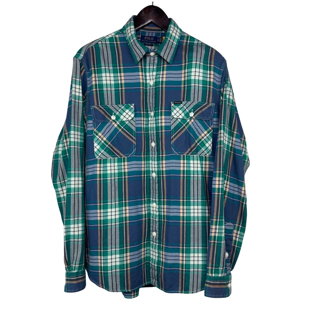 Polo Ralph Lauren Mens XL Plaid Flannel Shirt Green Blue Long Sleeve Workwear